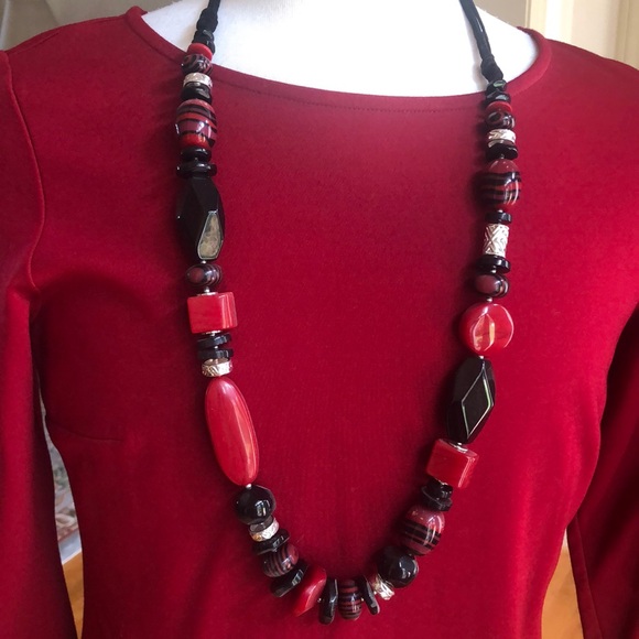 Chico's Jewelry - COPY - Chico’s red and black beaded necklace with silver